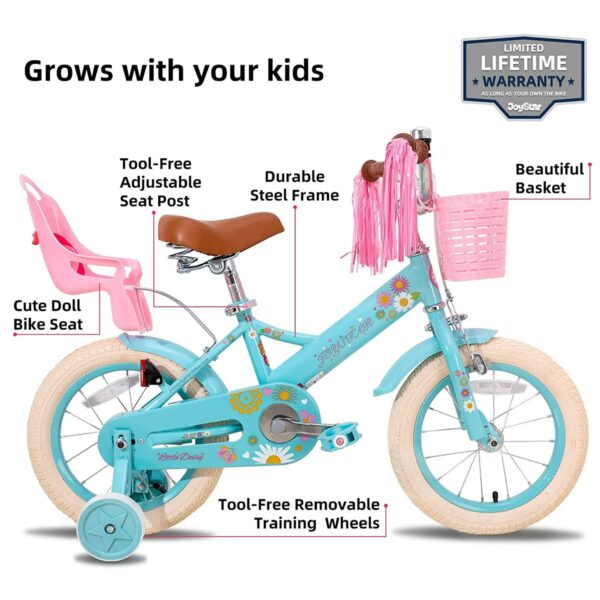 JOYSTAR Little Daisy 14 Inch Kids Bike for 3 4 5 Years Girls with Handbrake Children Princess Bicycle with Training Wheels Basket Streamer Toddler Cycle Bikes Blue - Image 2