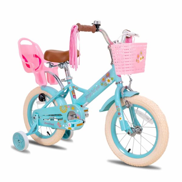 JOYSTAR Little Daisy 14 Inch Kids Bike for 3 4 5 Years Girls with Handbrake Children Princess Bicycle with Training Wheels Basket Streamer Toddler Cycle Bikes Blue